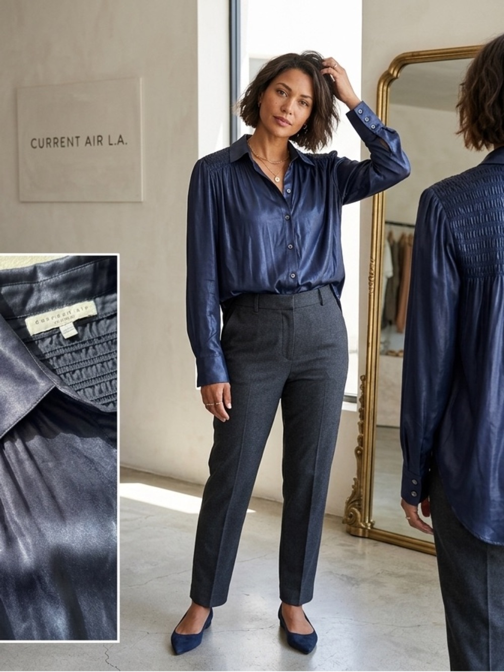 Current Air Los Angeles Satin Smocked Button-Down Blouse Navy Blue Size L